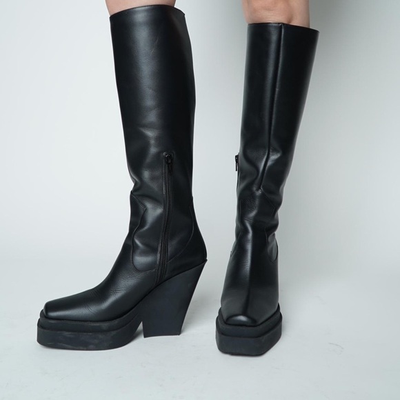 New Giaborghini Texan Knee High Western Boot Leather Stacked Platform Black 39 - Picture 1 of 16